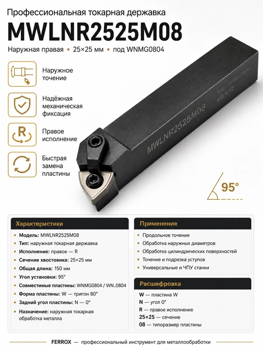 Державка токарная MWLNR2525M08, 25×25 мм, 95°, под WNMG0804