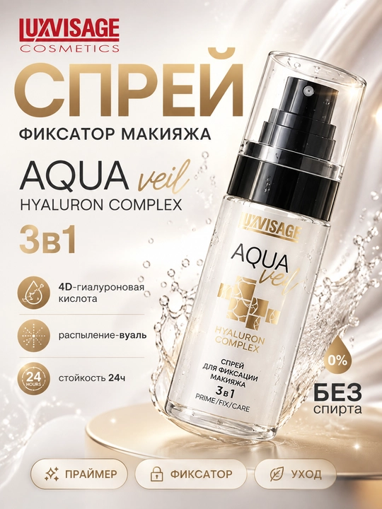 Спрей для фиксации макияжа AQUA veil HYALURON COMPLEX 3 в 1 PRIME FIX CARE, LUXVISAGE - 
