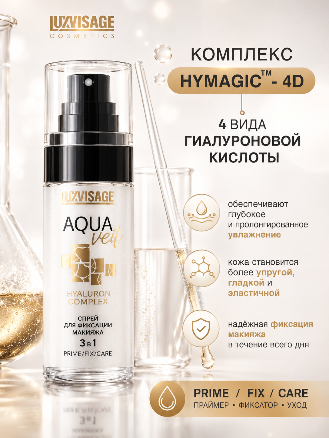 Спрей для фиксации макияжа AQUA veil HYALURON COMPLEX 3 в 1 PRIME FIX CARE, LUXVISAGE