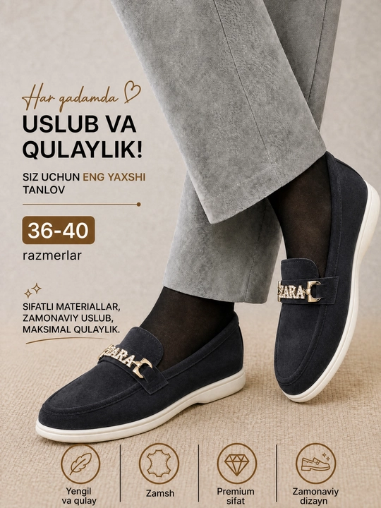 Ayollar uchun zamsh mokasina tufli, qulay klassik poyabzal, 36-40