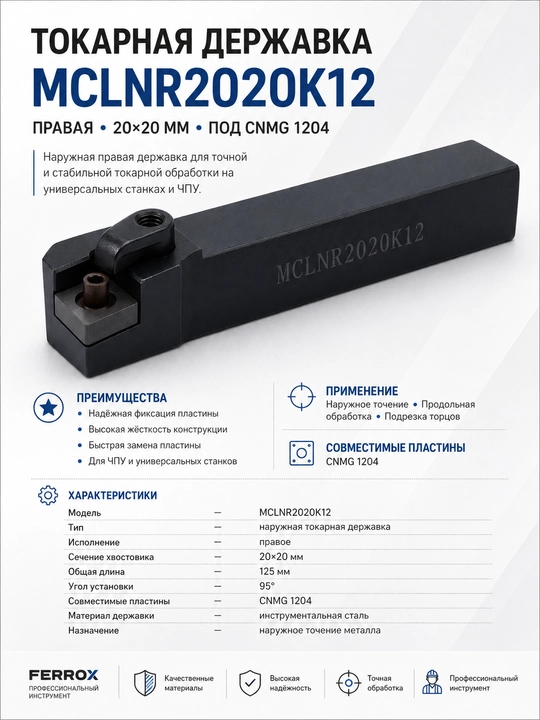 MCLNR2020K12 tokarlik derjavkasi, 20×20 mm, CNMG1204 uchun - 