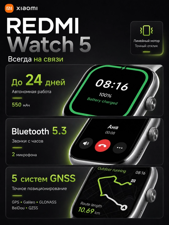 Смарт-часы Redmi Watch 5, AMOLED 2.07″, GPS, 24 дня работы, Bluetooth-звонки