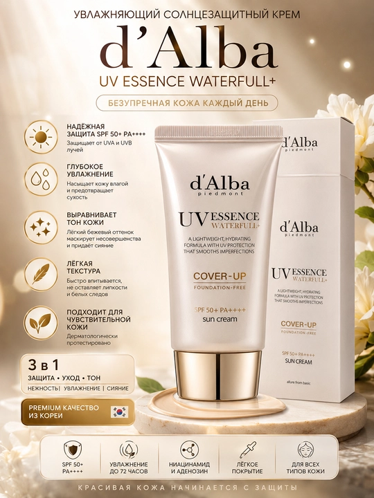 D’Alba UV Essence Waterfull+ SPF 50+ PA++++ — yuz uchun namlantiruvchi quyoshdan himoyalovchi krem - 