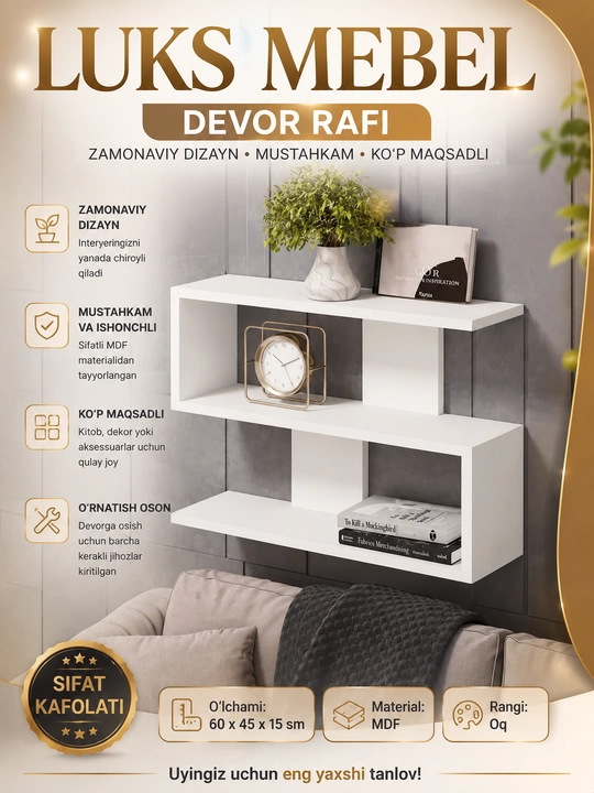 Kitoblar, gullar, dekorativ buyumlar, uy va ofis uchun zamonaviy devor javoni