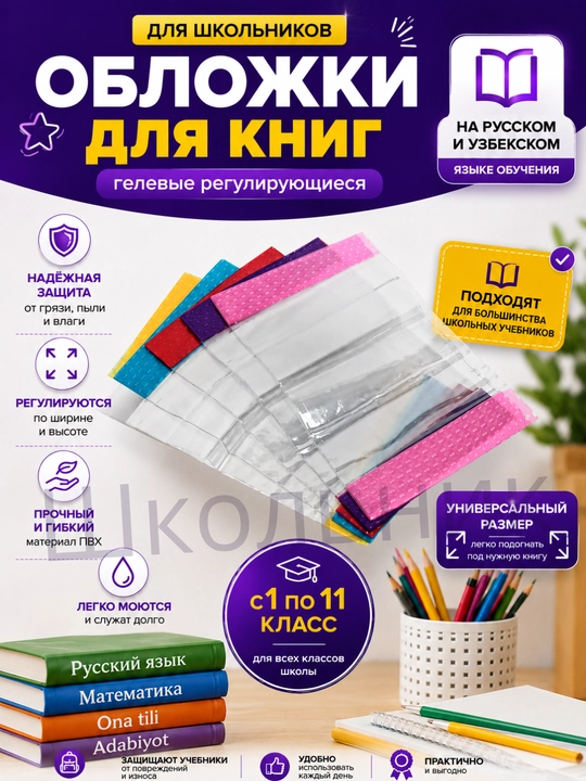 Kitoblar uchun sozlanishi gel muqovalar, rus va ozbek tillarida maktablar uchun - 