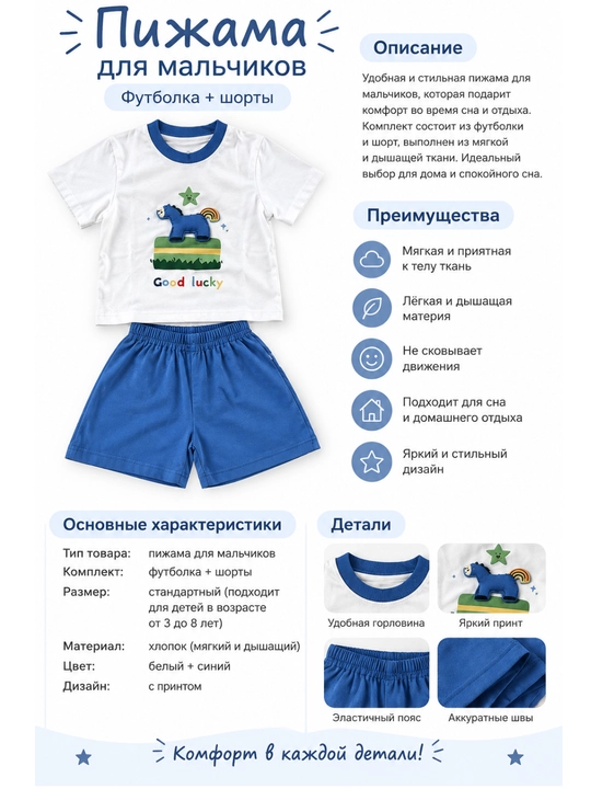 Мягкая футболка и шорты для мальчиков