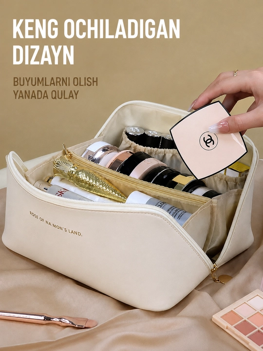 Ayollar uchun kosmetik sumka, katta o'lchamli, ekologik toza materialdan, oq rangda