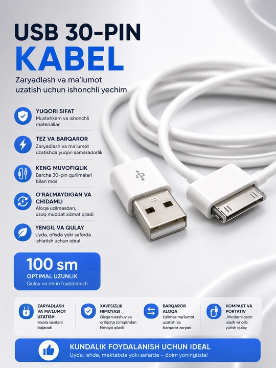 IPhone 4 uchun zaryadlash kabeli USB tez zaryad va ma’lumot uzatish - 