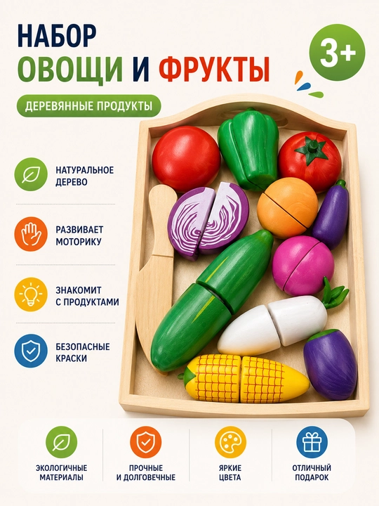 Bolalar uchun yog'ochdan yasalgan o'yinchoqlar to'plami, yog'och patnisda "Kesish uchun sabzavotlar" - 