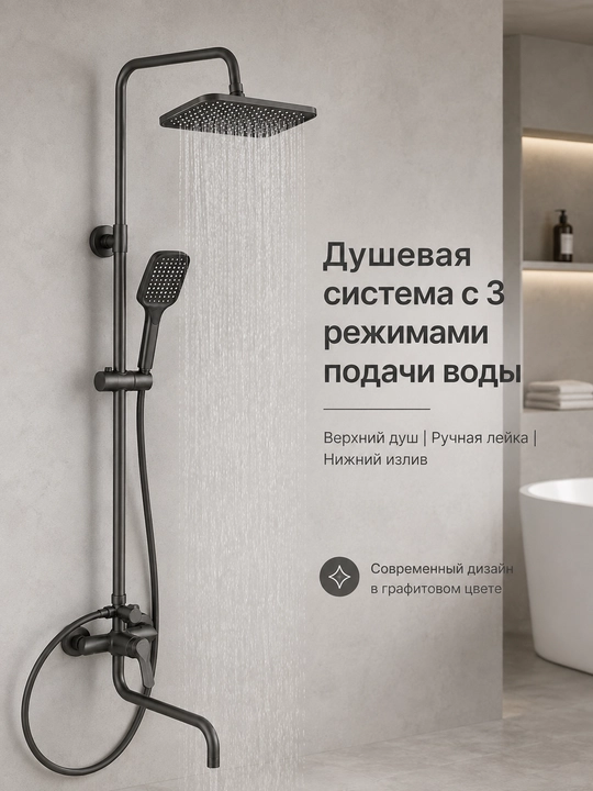 Смеситель душ для ванны 3 в 1, +3 разных режима лейки - 