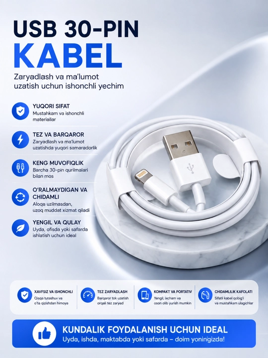 USB Lightning Quvvatlash va ma’lumotlarni uzatish kabeli - tez, mustahkam va ishonchli - 