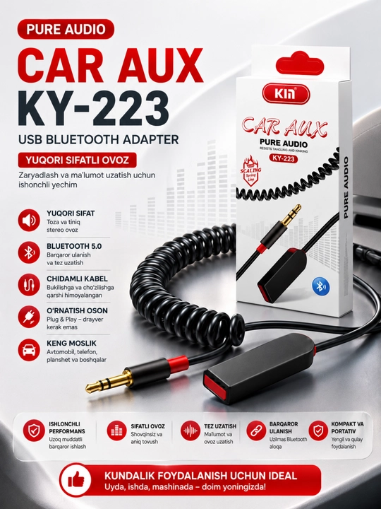 Avtomobil uchun 3,5 mm li Bluetooth AUX audio adapteri - tiniq ovoz va barqaror aloqa - 