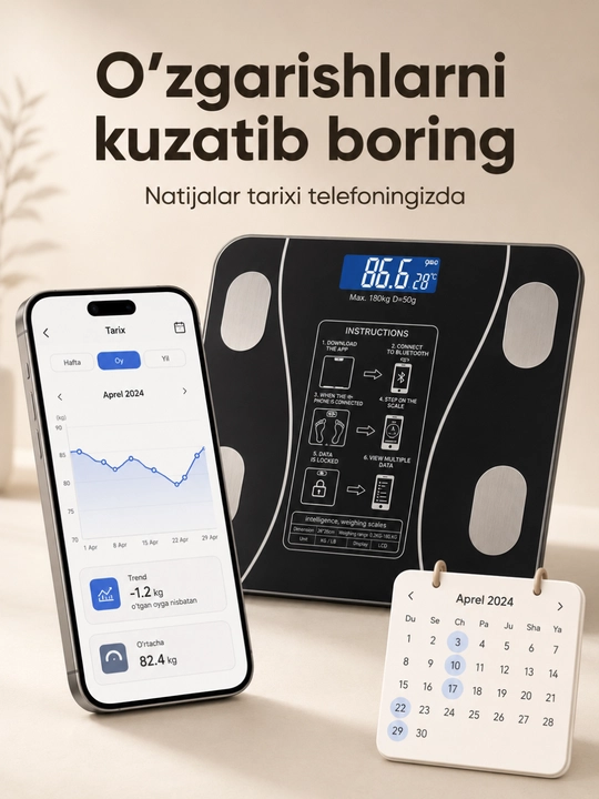 Bluetooth aqlli elektron tarozi 180 kg gacha, 13 ko‘rsatkichli, 26×26 sm