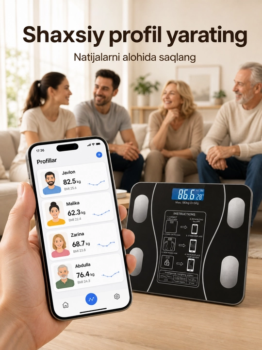 Bluetooth aqlli elektron tarozi 180 kg gacha, 13 ko‘rsatkichli, 26×26 sm