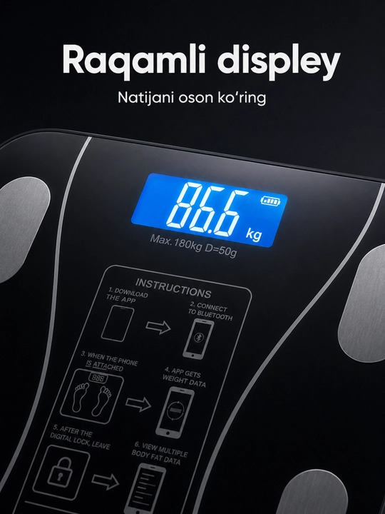 Bluetooth aqlli elektron tarozi 180 kg gacha, 13 ko‘rsatkichli, 26×26 sm