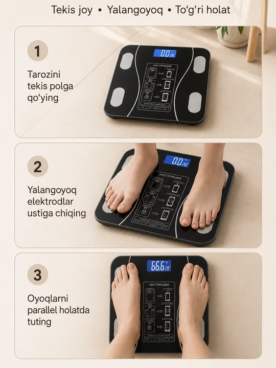 Bluetooth aqlli elektron tarozi 180 kg gacha, 13 ko‘rsatkichli, 26×26 sm