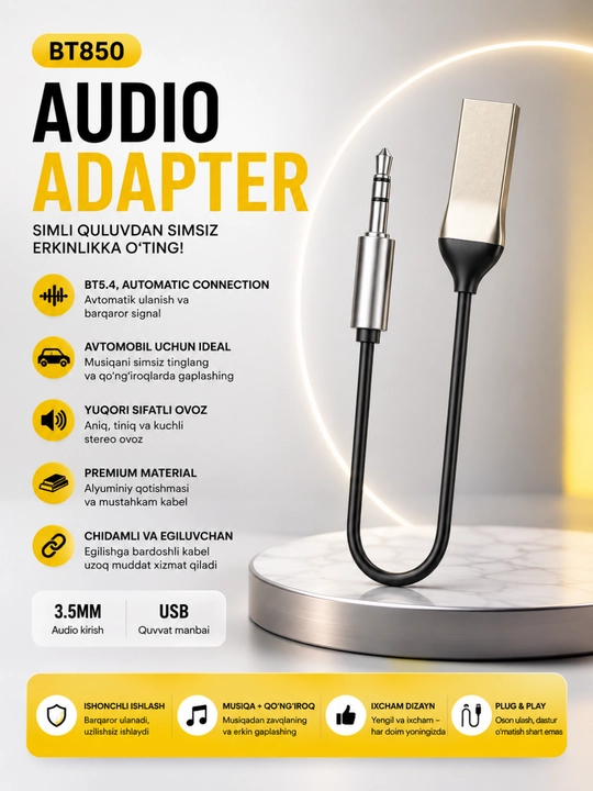 Avtomobil va uy audio tizimi uchun BT850 Bluetooth AUX 3.5 mm audio adapteri - 