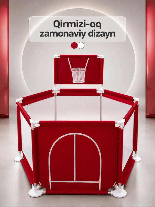 Bolalar uchun olti burchakli o‘yin maydonchasi, to‘rli devor va savatcha
