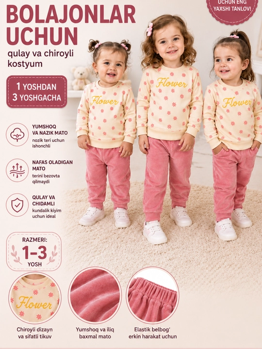 Qiz bolalar kostyumi 1–3 yosh Flower sportivka pushti komplekt - 