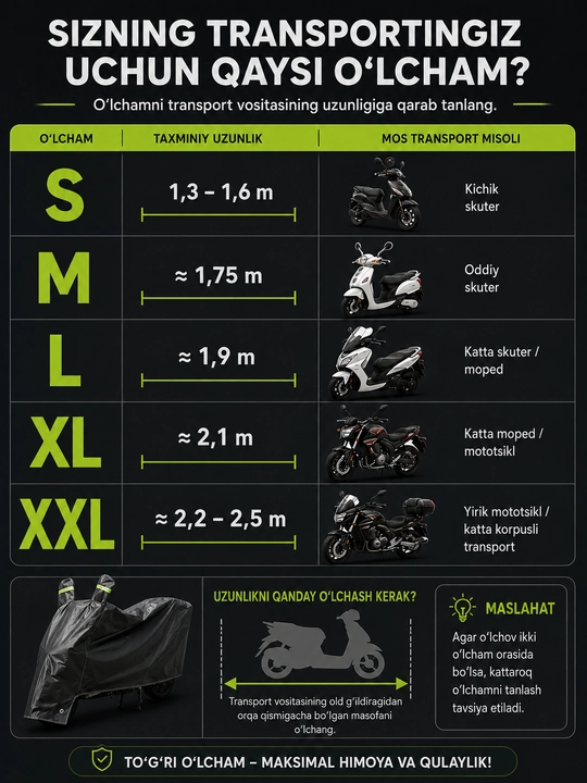 Universal tent (S–XXL) — skuter va mototsikl uchun, 1.6 m dan 2.3 m gacha uzunlikka mos