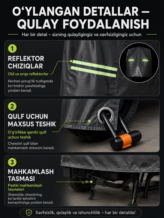 Universal tent (S–XXL) — skuter va mototsikl uchun, 1.6 m dan 2.3 m gacha uzunlikka mos