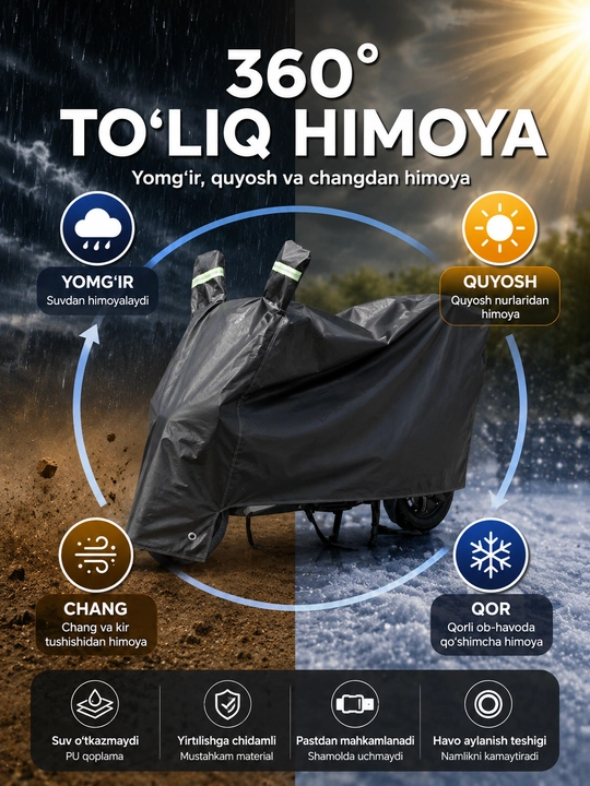 Universal tent (S–XXL) — skuter va mototsikl uchun, 1.6 m dan 2.3 m gacha uzunlikka mos