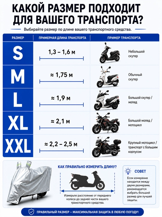 Universal tent (S–XXL) — skuter va mototsikl uchun, 1.6 m dan 2.3 m gacha uzunlikka mos