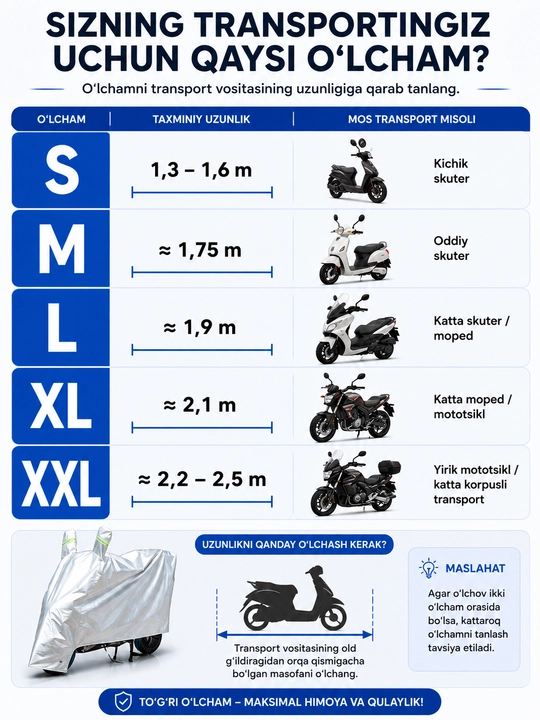 Universal tent (S–XXL) — skuter va mototsikl uchun, 1.6 m dan 2.3 m gacha uzunlikka mos