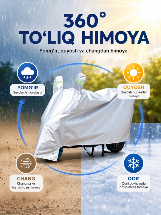 Universal tent (S–XXL) — skuter va mototsikl uchun, 1.6 m dan 2.3 m gacha uzunlikka mos