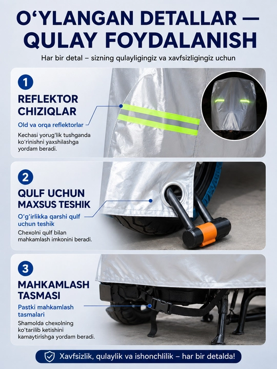 Universal tent (S–XXL) — skuter va mototsikl uchun, 1.6 m dan 2.3 m gacha uzunlikka mos
