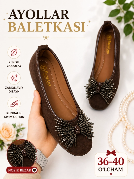 Ayollar baletkasi, zamonaviy bezakli qulay tufli, kundalik poyabzal, 36–40 o‘lcham - 