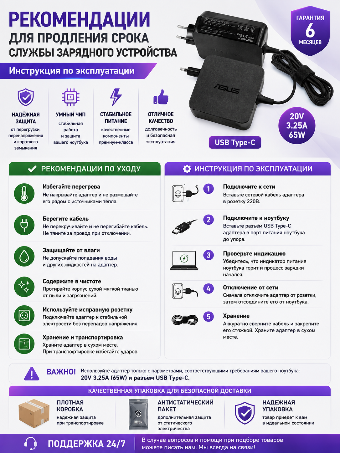 Блок питания Premium 20V 3.25A 65W USB Type-C (ADP-65DW A) для Asus ZenBook UM325U UX425