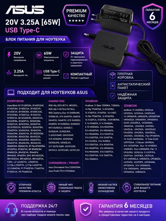 Блок питания Premium 20V 3.25A 65W USB Type-C (ADP-65DW A) для Asus ZenBook UM325U UX425