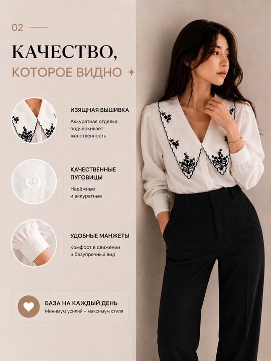 Kashta tikilgan va bezakli yoqali, uzun yengli, oq rangli ayollar bluzkasi, S-3XL