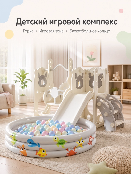 Детская горка с сухим бассейном для шариков, многофункциональный игровой комплекс для дома - 