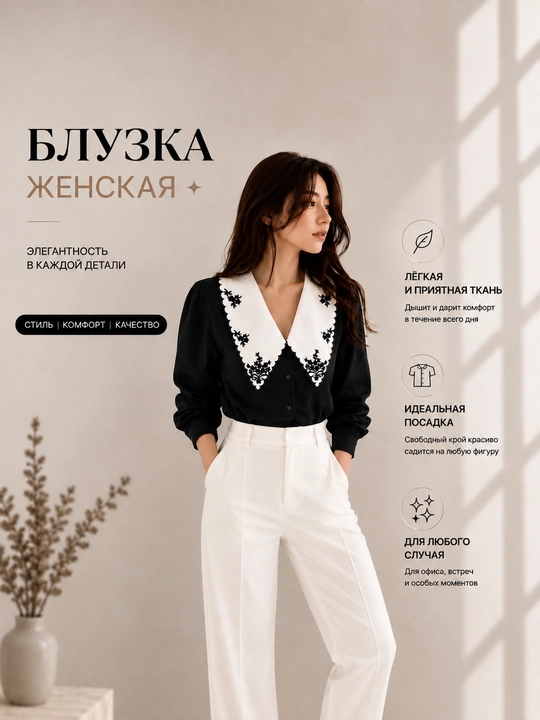 Рубашка женская блузка с вышивкой и декоративным воротником, длинный рукав, белая, S–3XL - 