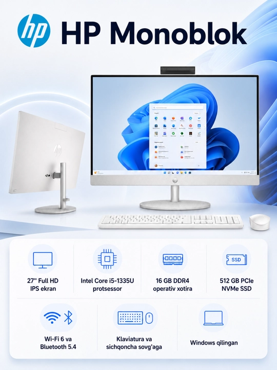 HP Monoblok 27-cr0091ci dyumli, Full HD, Bluetooth 5.4, kafolat 1 yil - 