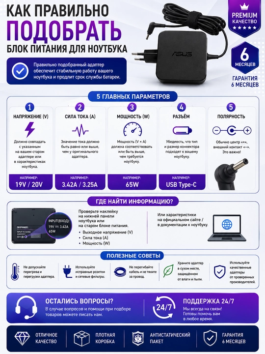 Блок питания Premium 19V 3.42A [65W] 4.0*1.35mm (ADP-65DW A)  для Asus A516, X507, X512