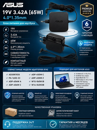 Блок питания Premium 19V 3.42A [65W] 4.0*1.35mm (ADP-65DW A)  для Asus A516, X507, X512