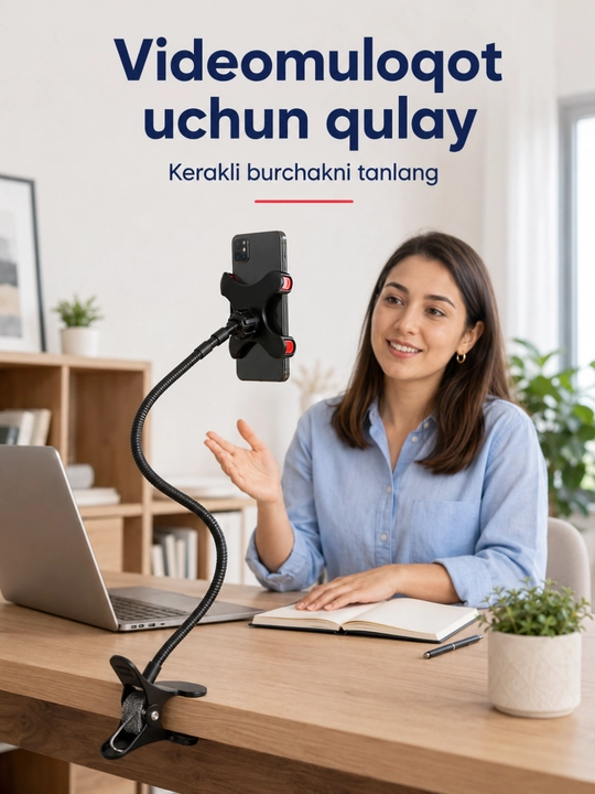 Egiluvchan telefon tutqichi, stol qisqichi, 60 sm bo‘yin, 360° aylanish