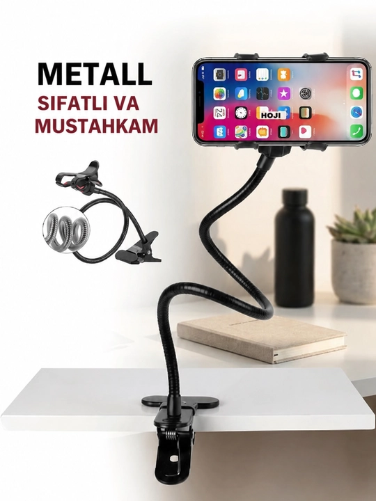Egiluvchan telefon tutqichi, stol qisqichi, 60 sm bo‘yin, 360° aylanish
