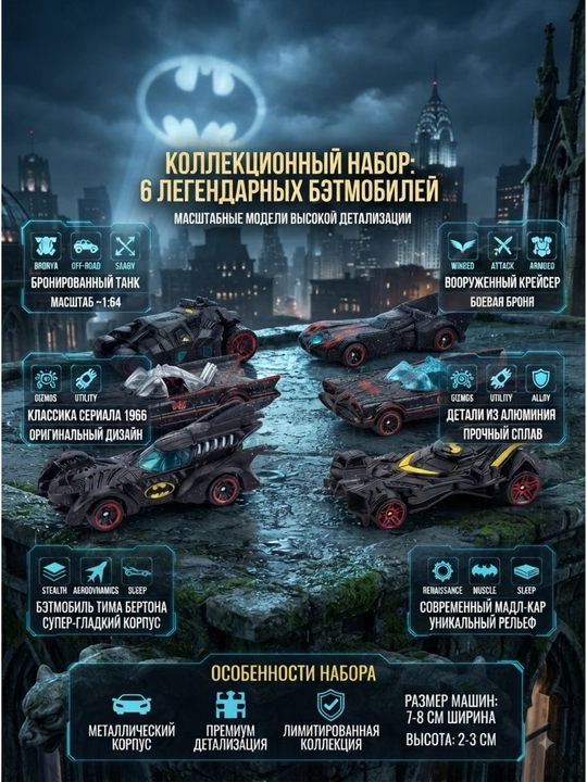Набор металлических машинок Бэтмен, 6 шт, коллекционные игрушечные машины для мальчиков