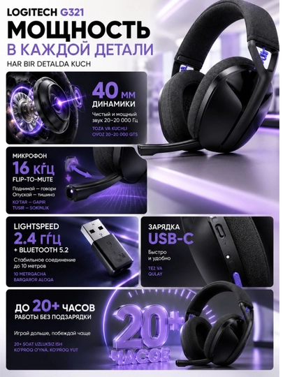 Игровые наушники Logitech G321, беспроводные, Bluetooth 5.2, 40 мм, 210 г