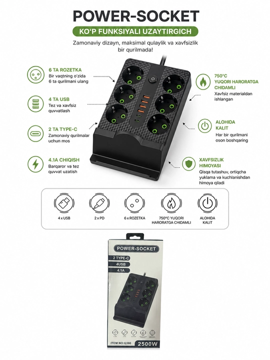 Power-Socket Q380 elektr uzaytirgich, 2500W, 6 rozetka, 4 USB, 2 Type-C, 4.1A quvvat uyda! - 