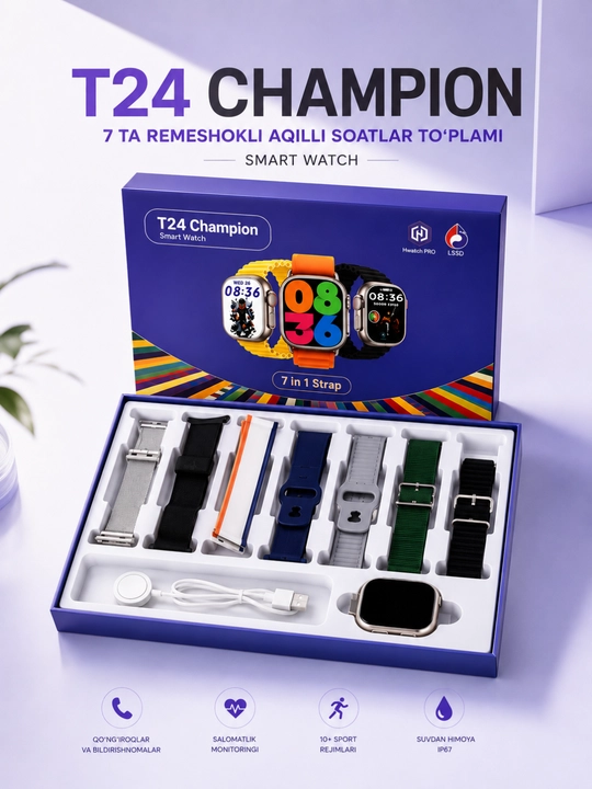 T24 Champion – 7 ta remeshokli aqlli soatlar to‘plami,Smart Watch - 