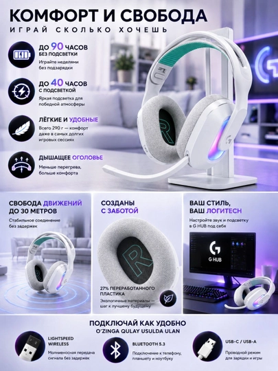 Игровые наушники Logitech G522, беспроводные, Bluetooth 5.3, до 90 часов