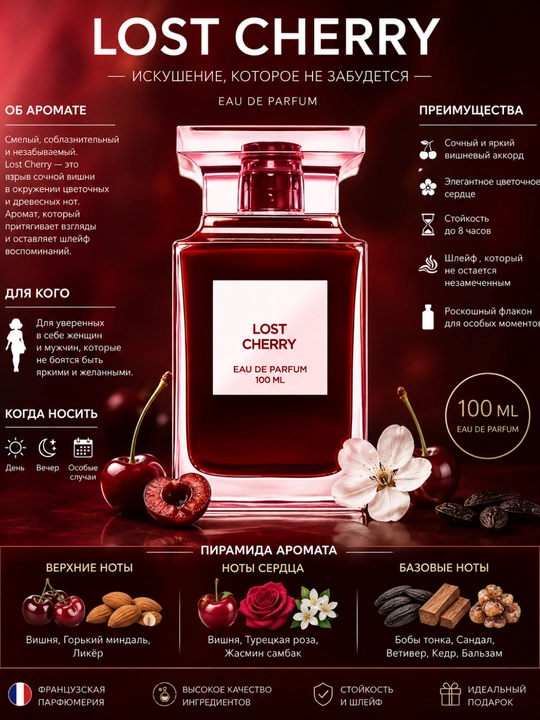 Parfyumlangan suv Tom Ford Lost Cherry, uniseks atir, nafis va jozibali parfum - 