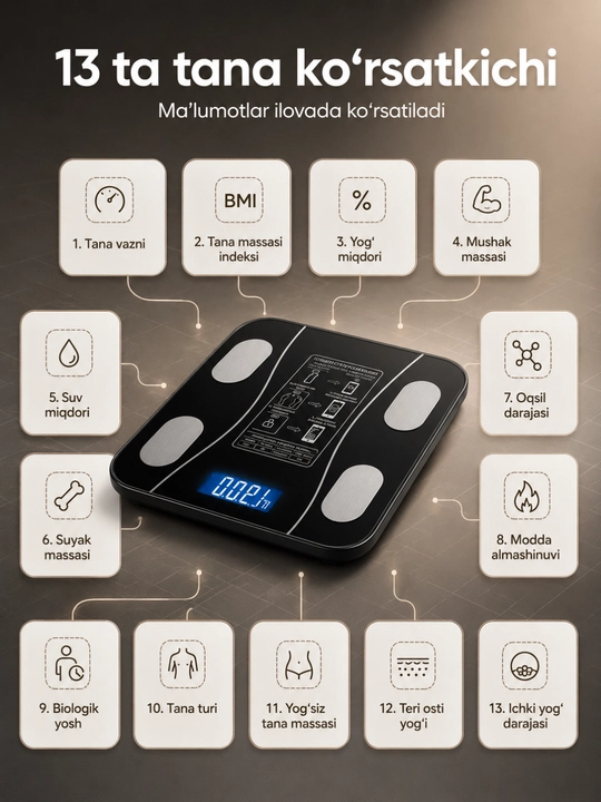 Elektron aqlli tarozi 180 kg gacha, Bluetooth va ilova orqali 13 ko‘rsatkich tarozi