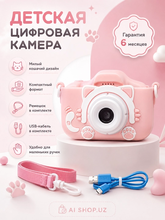 Розовая детская камера, цифровой фотоаппарат для детей, компактная, с ремешком - 