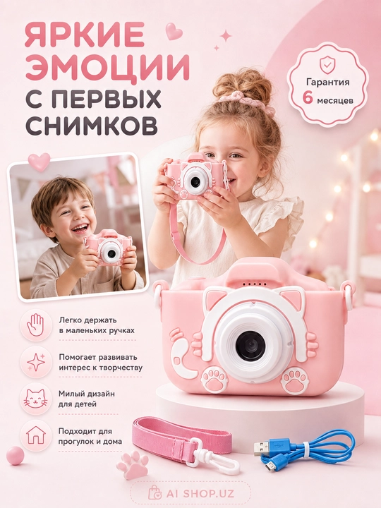 Розовая детская камера, цифровой фотоаппарат для детей, компактная, с ремешком